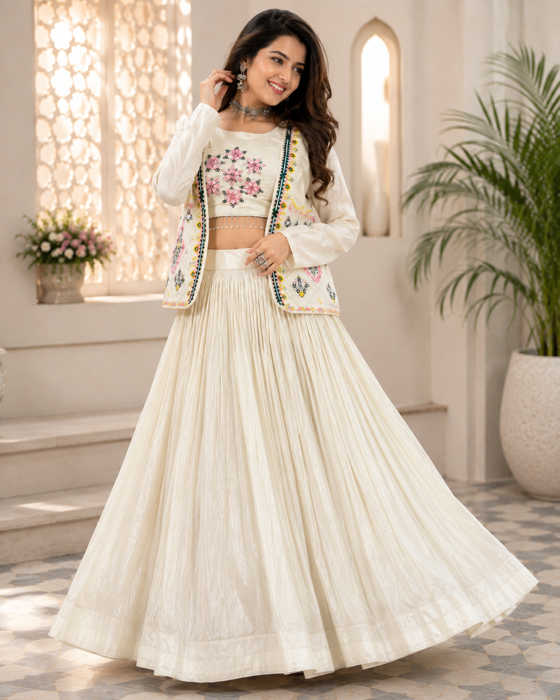 Festival Special Crop Top Choli, Lehenga & Jacket | Pure Tissue Shimmer | Handwork & Diamond Work