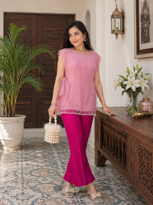 Women's Designer Three Piece Embellished Co-Ord Set with Inner Top and Palazzo