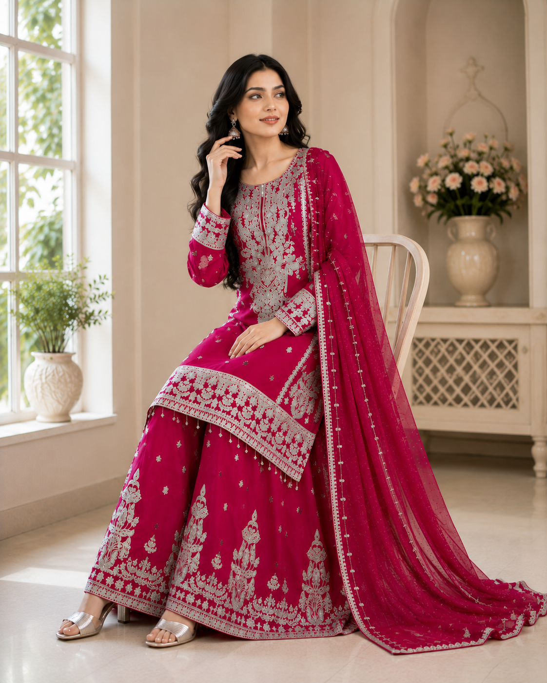 Elegant Handwork Embroidered Pink Kurta Palazzo Dupatta Three Piece Suit