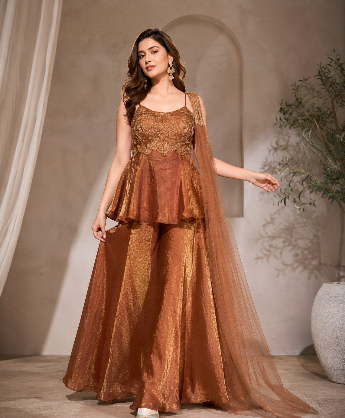 Elegant Copper Embroidered Indo Western Palazzo Set with Soft Net Dupatta for Party Wear