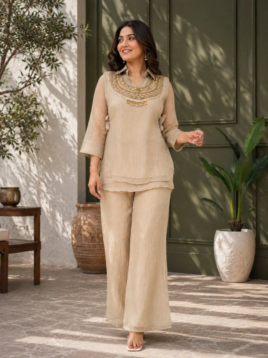 Women’s Premium Salsa Silk Hand Work Co-Ord Set – Elegant Designer Top & Palazzo Set