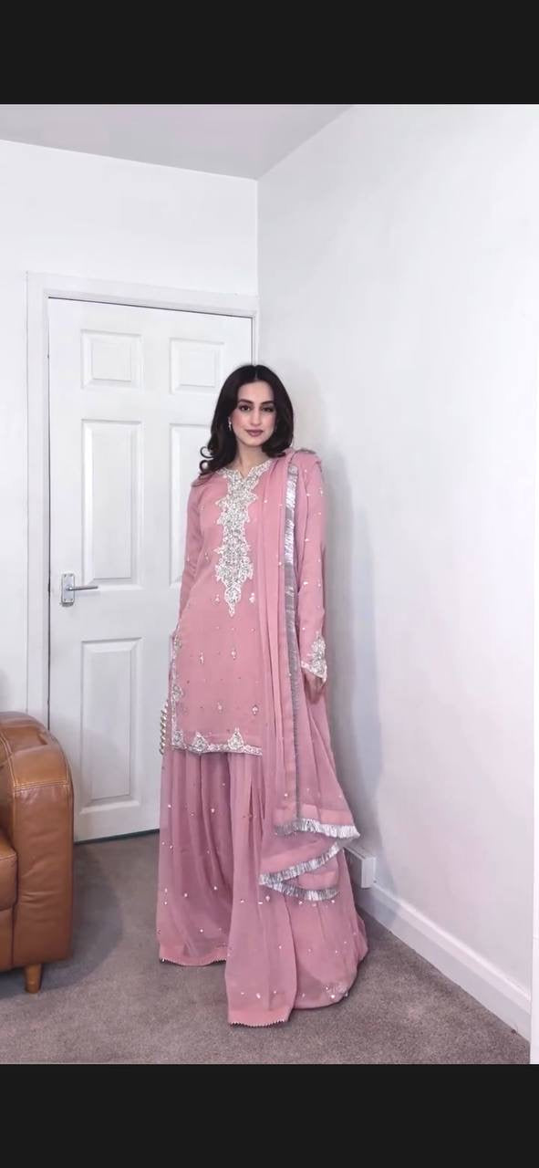 Women's Premium Hand Embroidered Kurta Sharara Set with Dupatta for Festive Wedding Wear