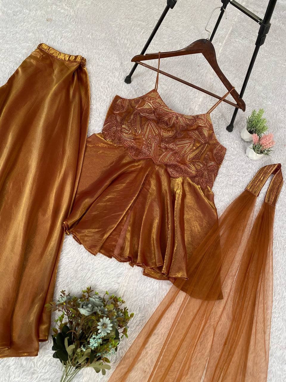 Elegant Copper Embroidered Indo Western Palazzo Set with Soft Net Dupatta for Party Wear