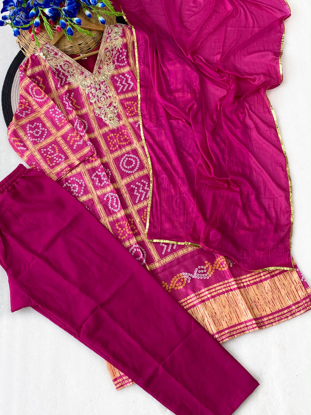 Elegant Gharchola Bandhani Inspired Traditional Suit Set With Dupatta