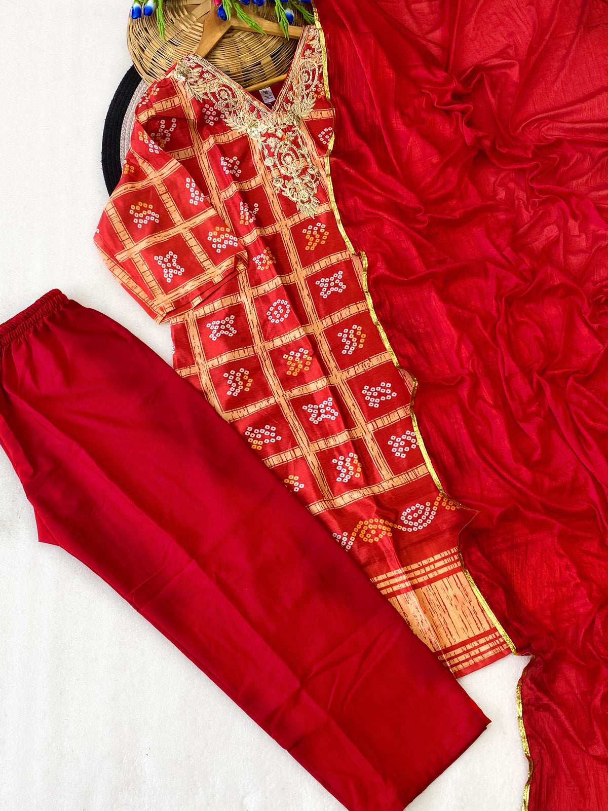 Elegant Gharchola Bandhani Inspired Traditional Suit Set With Dupatta