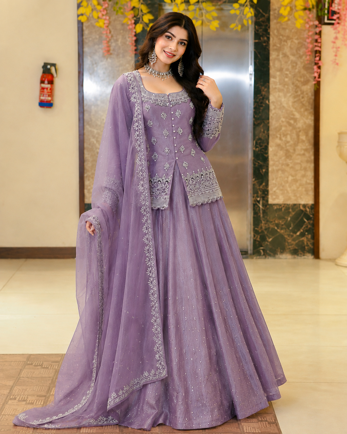 Elegant Embroidered Sequins Moti Work Fully Stitched Lehenga Set