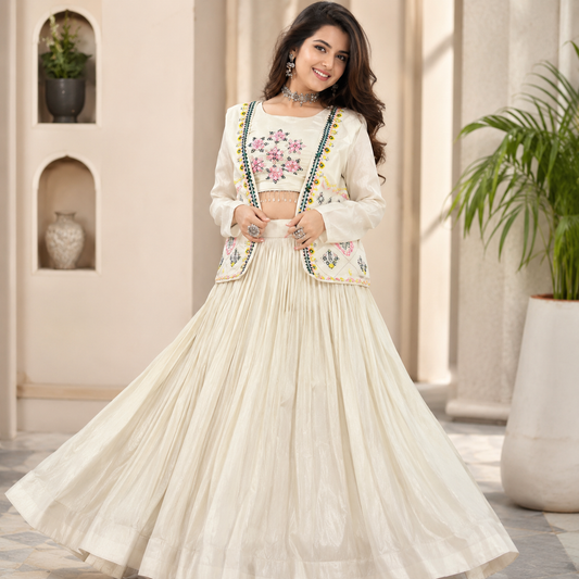 Festival Special Crop Top Choli, Lehenga & Jacket | Pure Tissue Shimmer | Handwork & Diamond Work