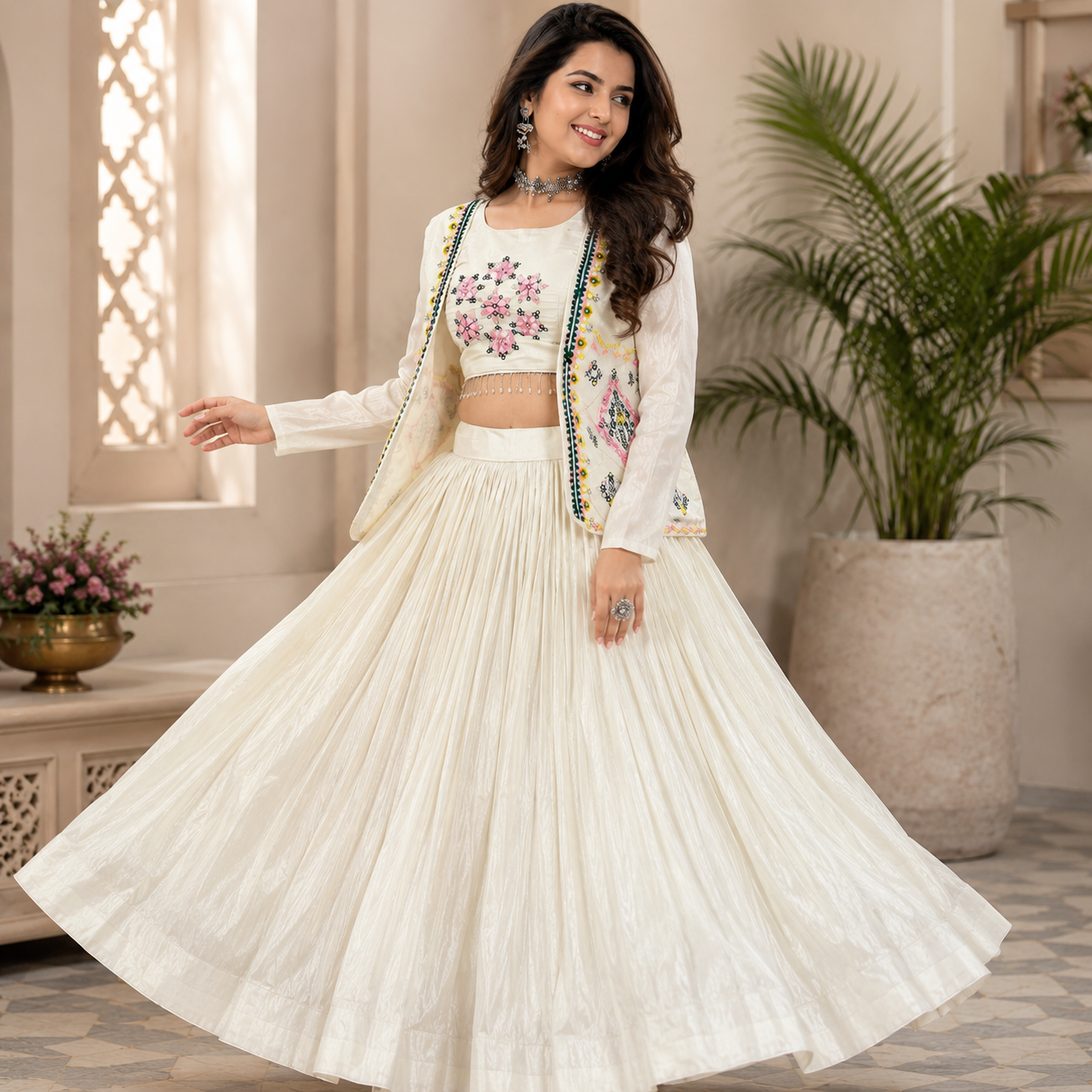 Festival Special Crop Top Choli, Lehenga & Jacket | Pure Tissue Shimmer | Handwork & Diamond Work