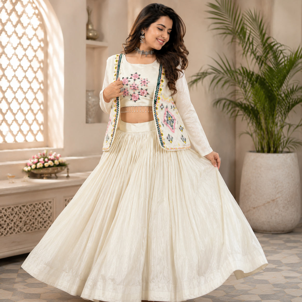Festival Special Crop Top Choli, Lehenga & Jacket | Pure Tissue Shimmer | Handwork & Diamond Work