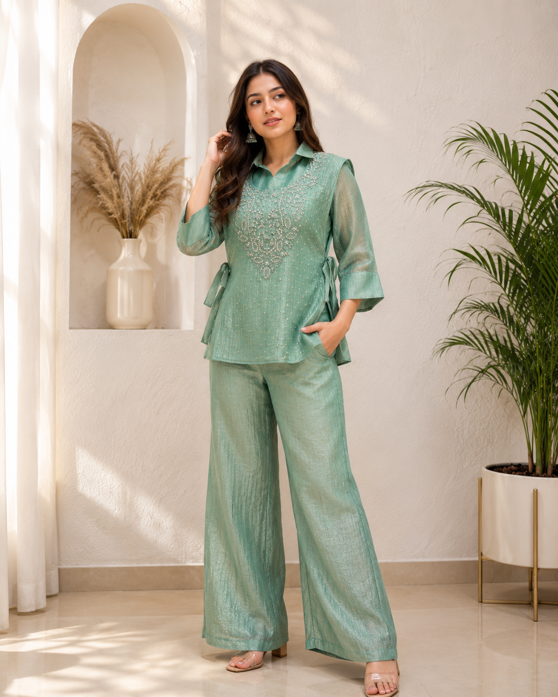 Women’s Premium Salsa Silk Hand Work Co-Ord Set – Elegant Designer Top & Palazzo Set
