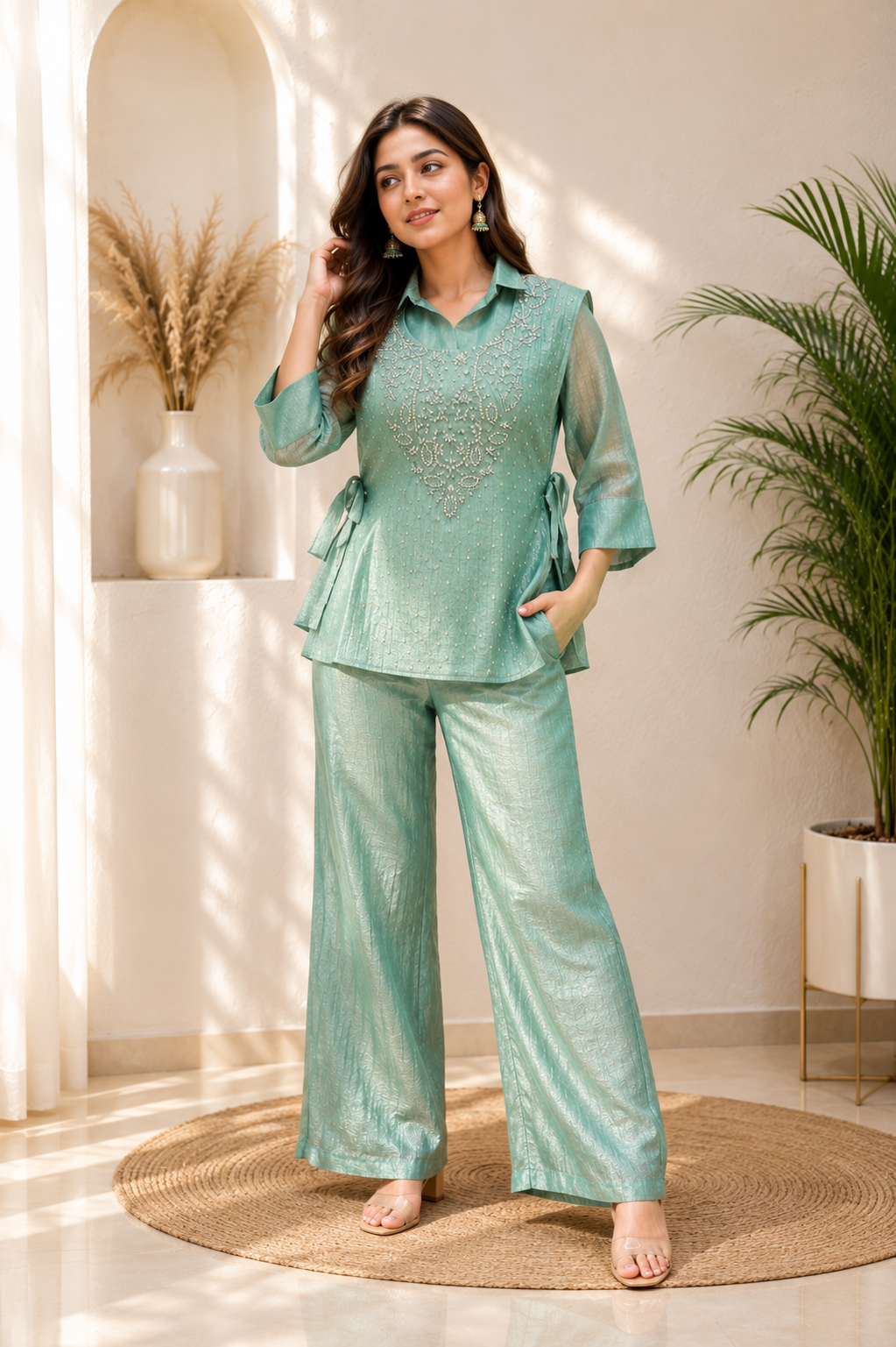 Women’s Premium Salsa Silk Hand Work Co-Ord Set – Elegant Designer Top & Palazzo Set