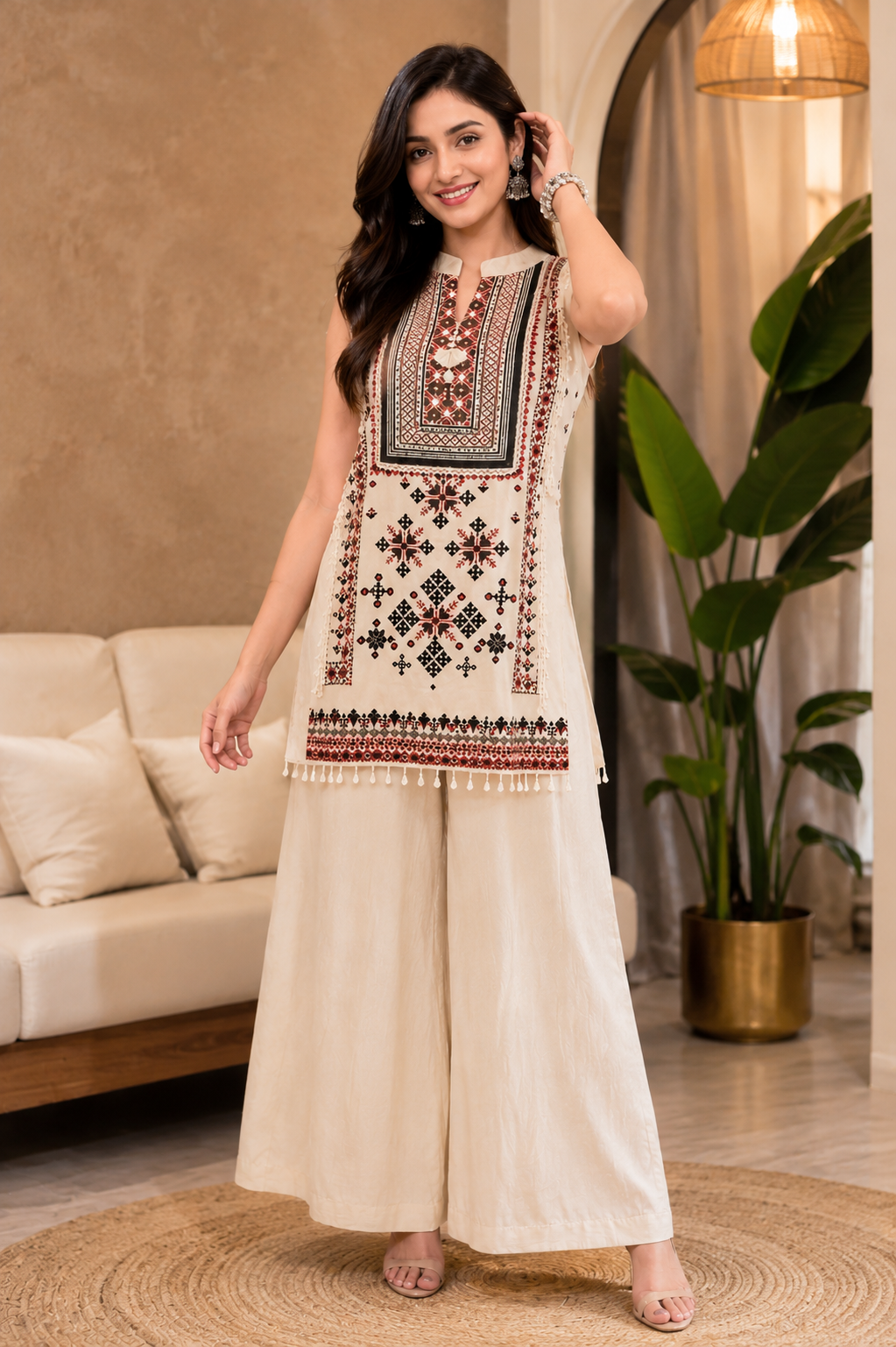 Women's Premium Gujarati Pattern Muslin Silk Top with Roman Silk Palazzo Co-Ord Set