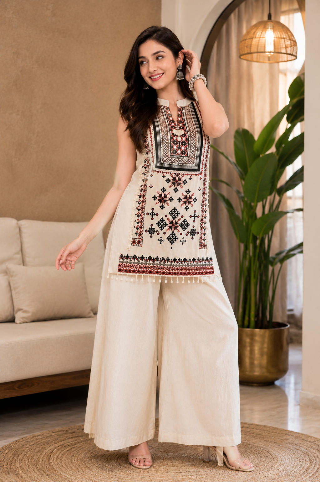 Women's Premium Gujarati Pattern Muslin Silk Top with Roman Silk Palazzo Co-Ord Set