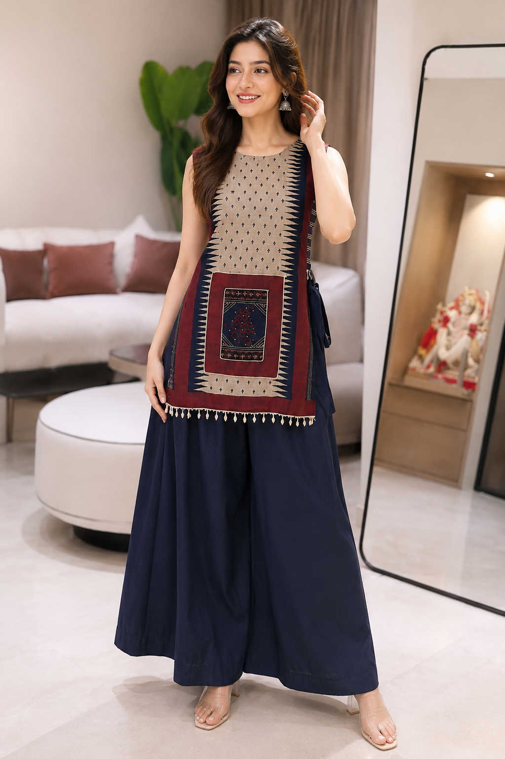 Women's Premium Gujarati Pattern Muslin Silk Top with Roman Silk Palazzo Co-Ord Set