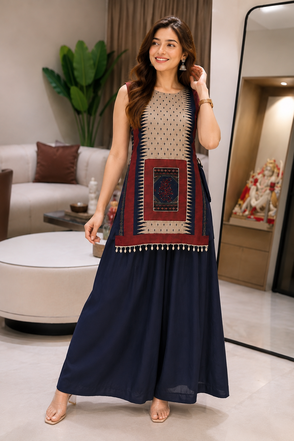 Women's Premium Gujarati Pattern Muslin Silk Top with Roman Silk Palazzo Co-Ord Set