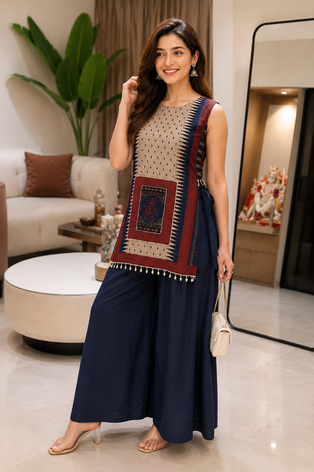 Women's Premium Gujarati Pattern Muslin Silk Top with Roman Silk Palazzo Co-Ord Set