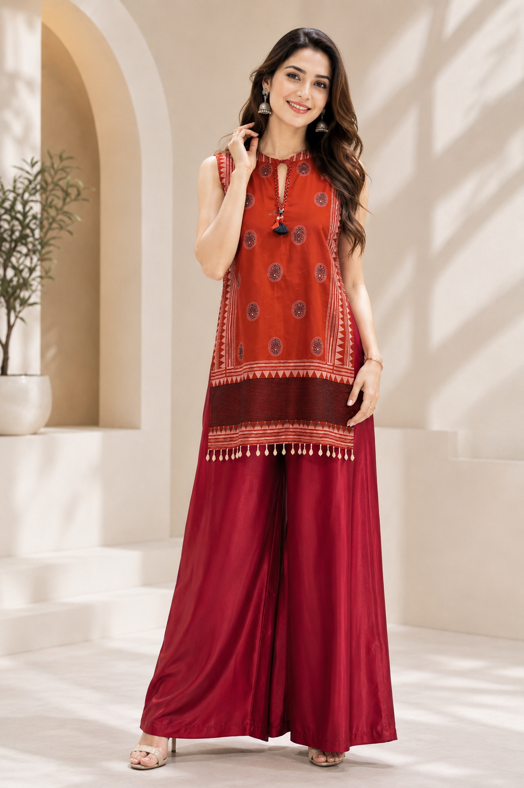 Women's Premium Gujarati Pattern Muslin Silk Top with Roman Silk Palazzo Co-Ord Set