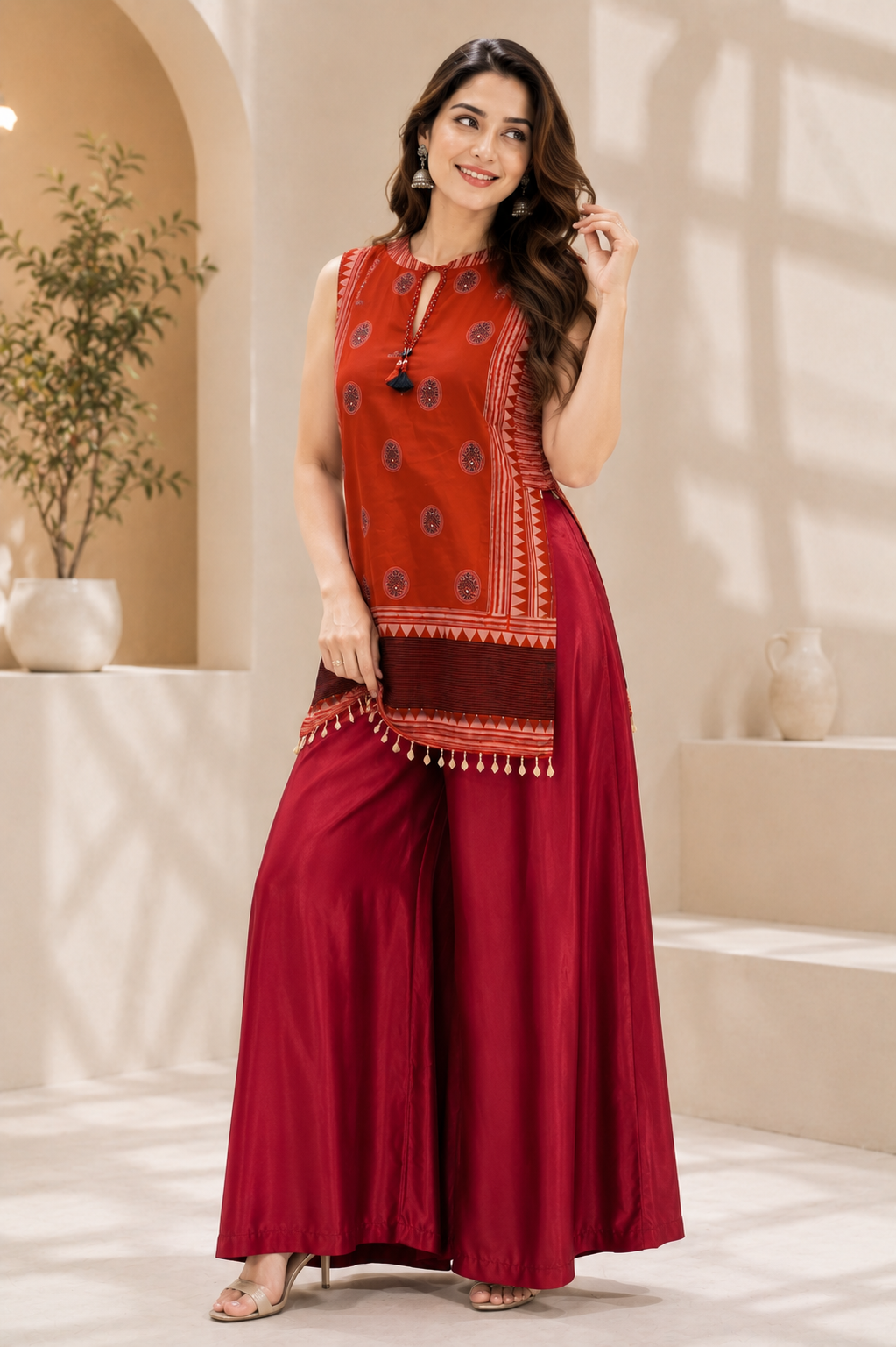 Women's Premium Gujarati Pattern Muslin Silk Top with Roman Silk Palazzo Co-Ord Set