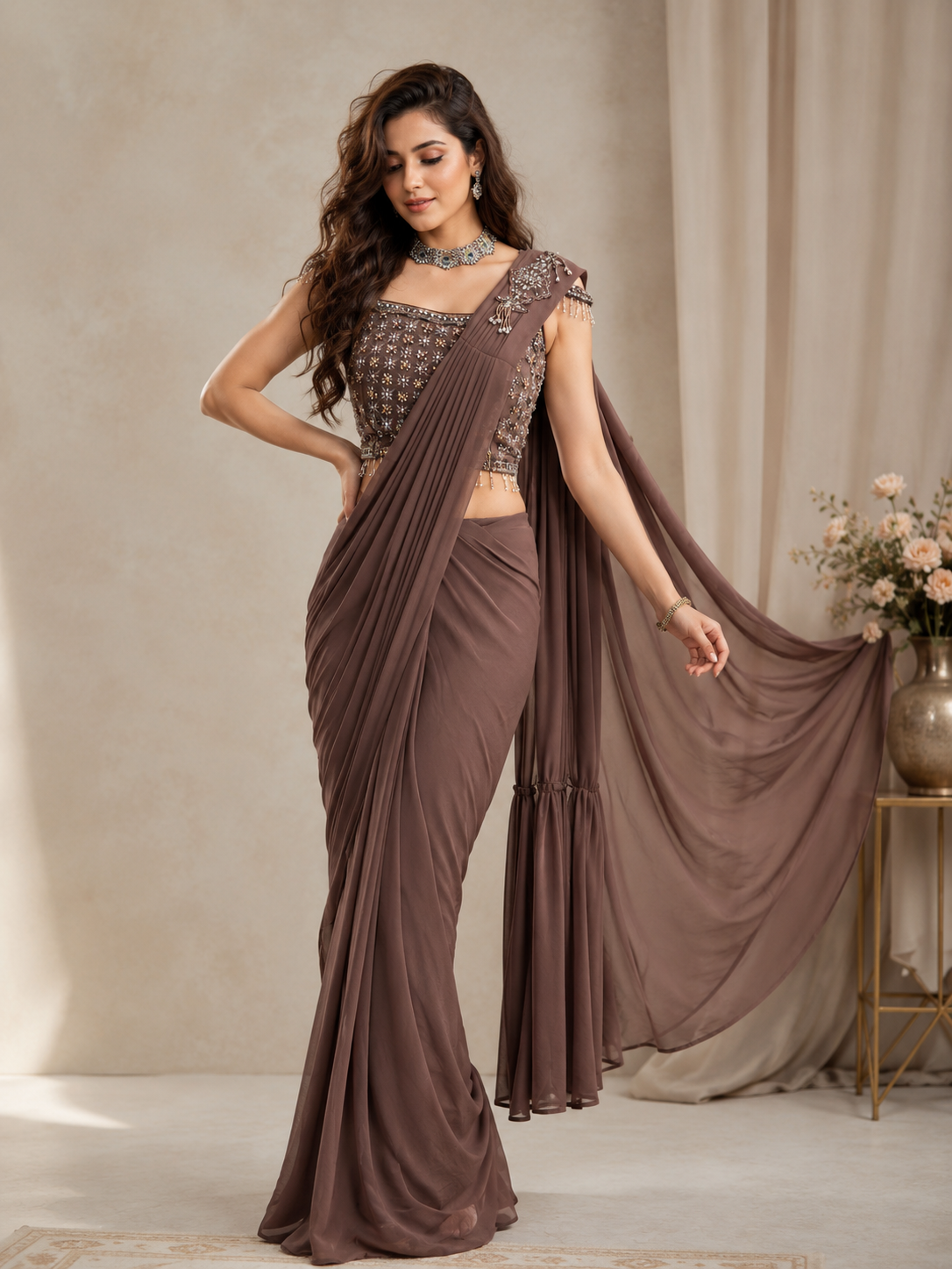 Women's Designer Ready-to-Wear Draped Saree Elegant Embroidered Blouse Outfit
