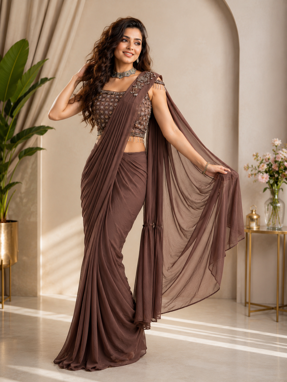 Women's Designer Ready-to-Wear Draped Saree Elegant Embroidered Blouse Outfit