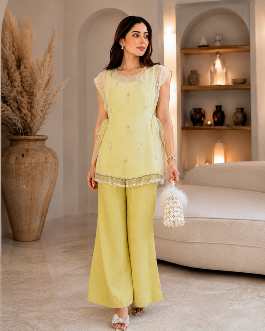 Women's Designer Three Piece Embellished Co-Ord Set with Inner Top and Palazzo
