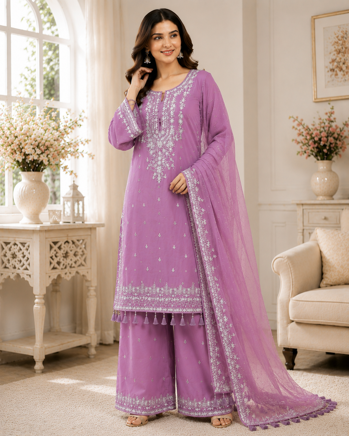 Women's Heavy Faux Georgette Embroidered Kurta Sharara Set with Dupatta Party Wear