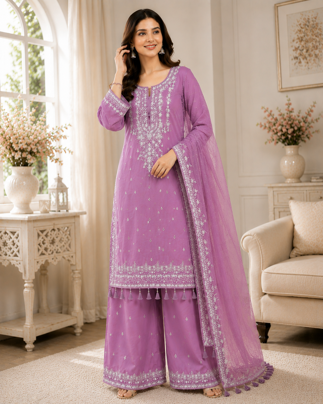 Women's Heavy Faux Georgette Embroidered Kurta Sharara Set with Dupatta Party Wear