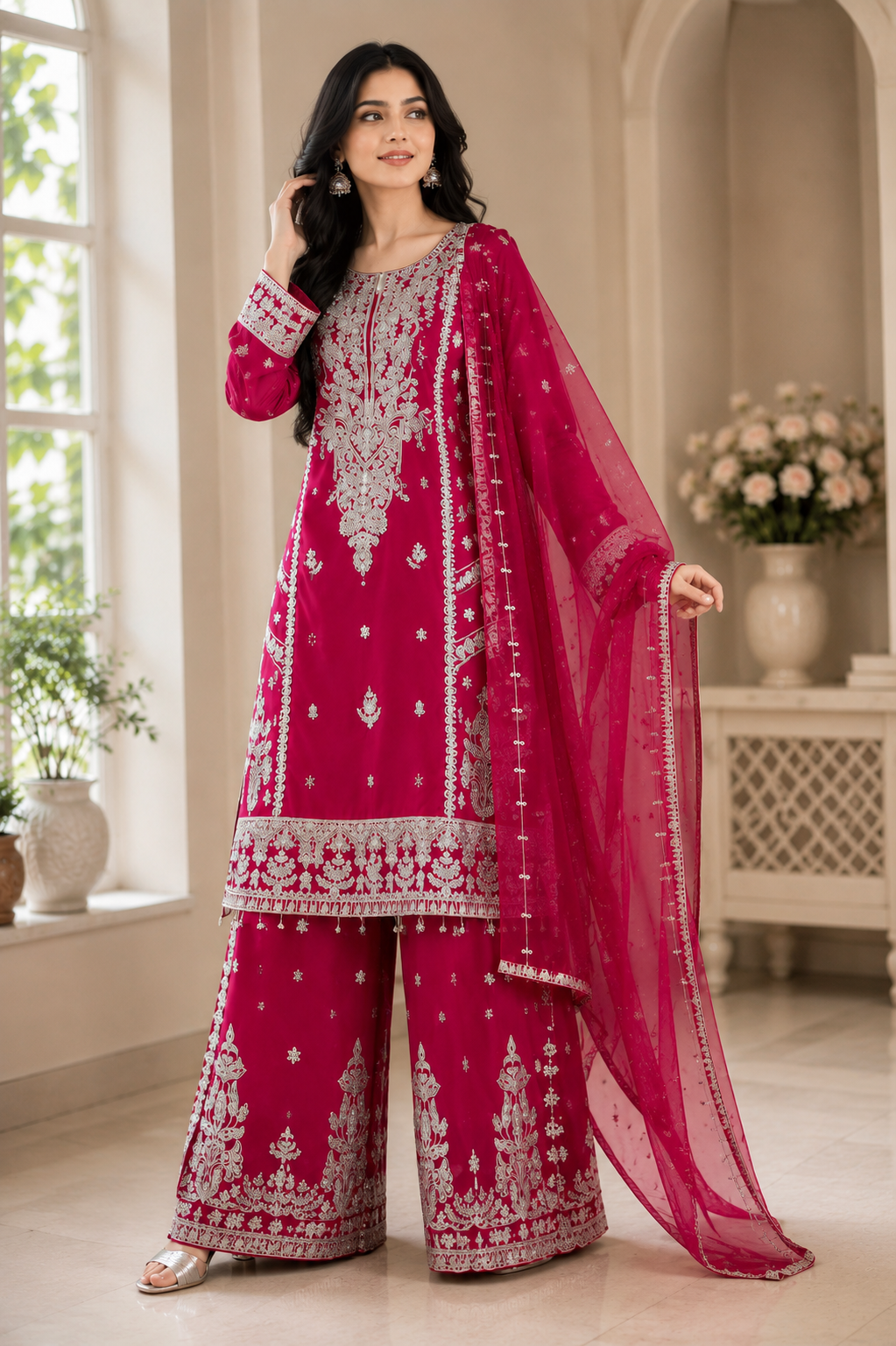 Elegant Handwork Embroidered Pink Kurta Palazzo Dupatta Three Piece Suit