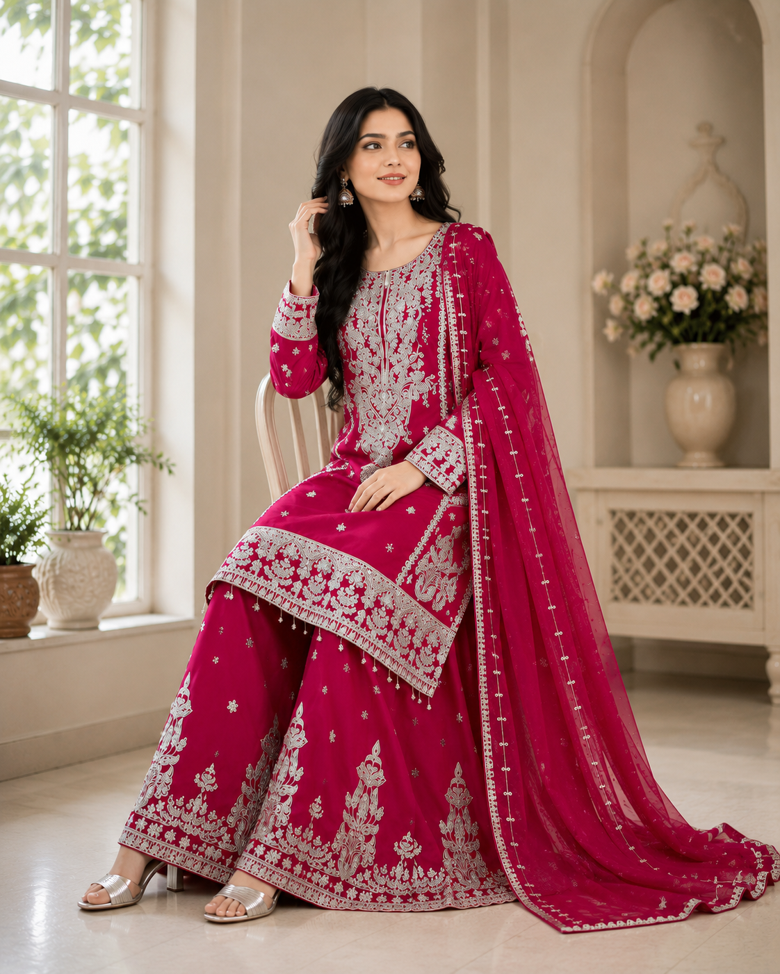 Elegant Handwork Embroidered Pink Kurta Palazzo Dupatta Three Piece Suit