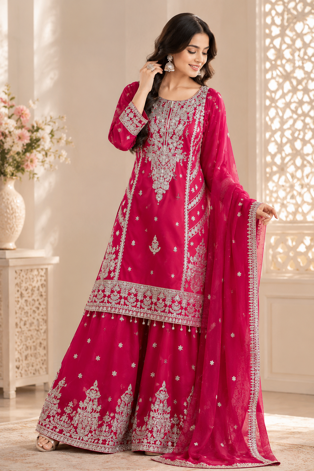 Elegant Handwork Embroidered Pink Kurta Palazzo Dupatta Three Piece Suit
