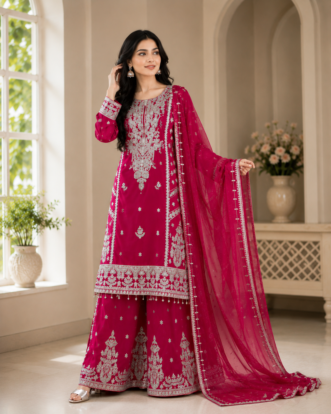 Elegant Handwork Embroidered Pink Kurta Palazzo Dupatta Three Piece Suit