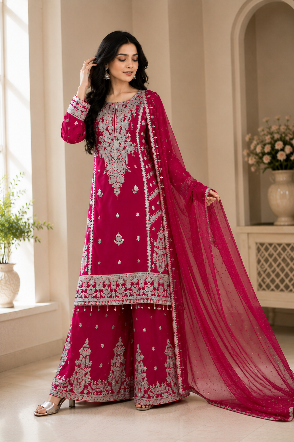 Elegant Handwork Embroidered Pink Kurta Palazzo Dupatta Three Piece Suit