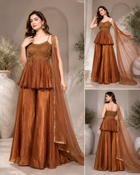 Elegant Copper Embroidered Indo Western Palazzo Set with Soft Net Dupatta for Party Wear