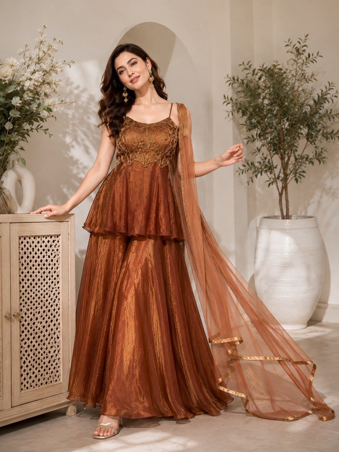 Elegant Copper Embroidered Indo Western Palazzo Set with Soft Net Dupatta for Party Wear
