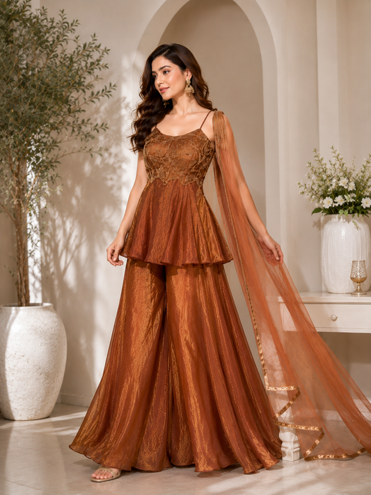 Elegant Copper Embroidered Indo Western Palazzo Set with Soft Net Dupatta for Party Wear