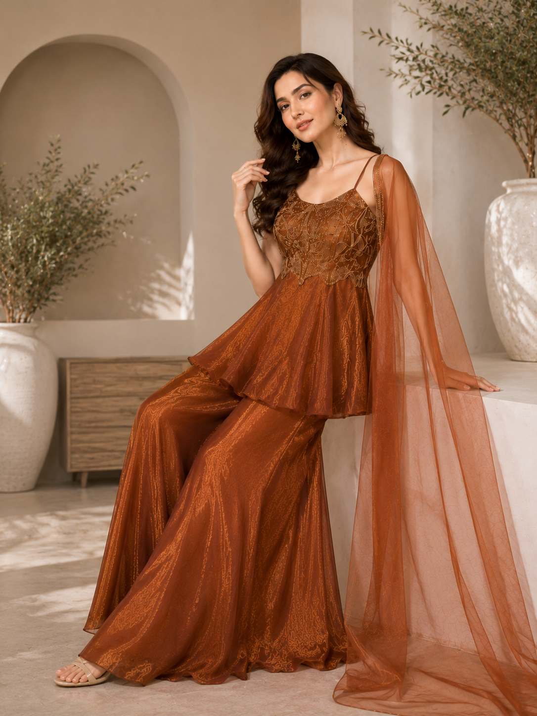 Elegant Copper Embroidered Indo Western Palazzo Set with Soft Net Dupatta for Party Wear
