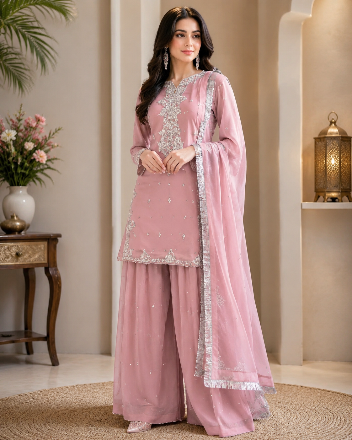 Women's Premium Hand Embroidered Kurta Sharara Set with Dupatta for Festive Wedding Wear