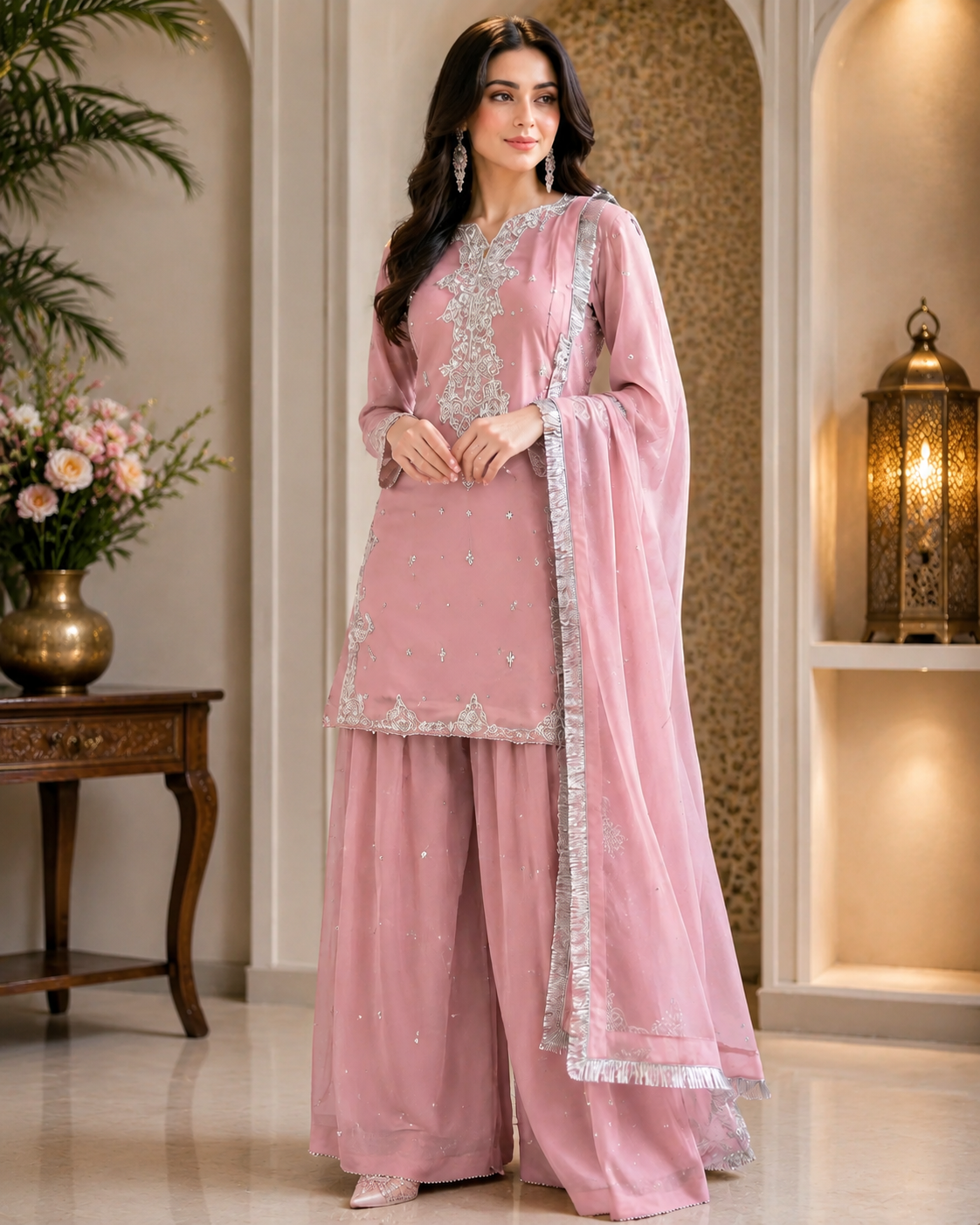 Women's Premium Hand Embroidered Kurta Sharara Set with Dupatta for Festive Wedding Wear