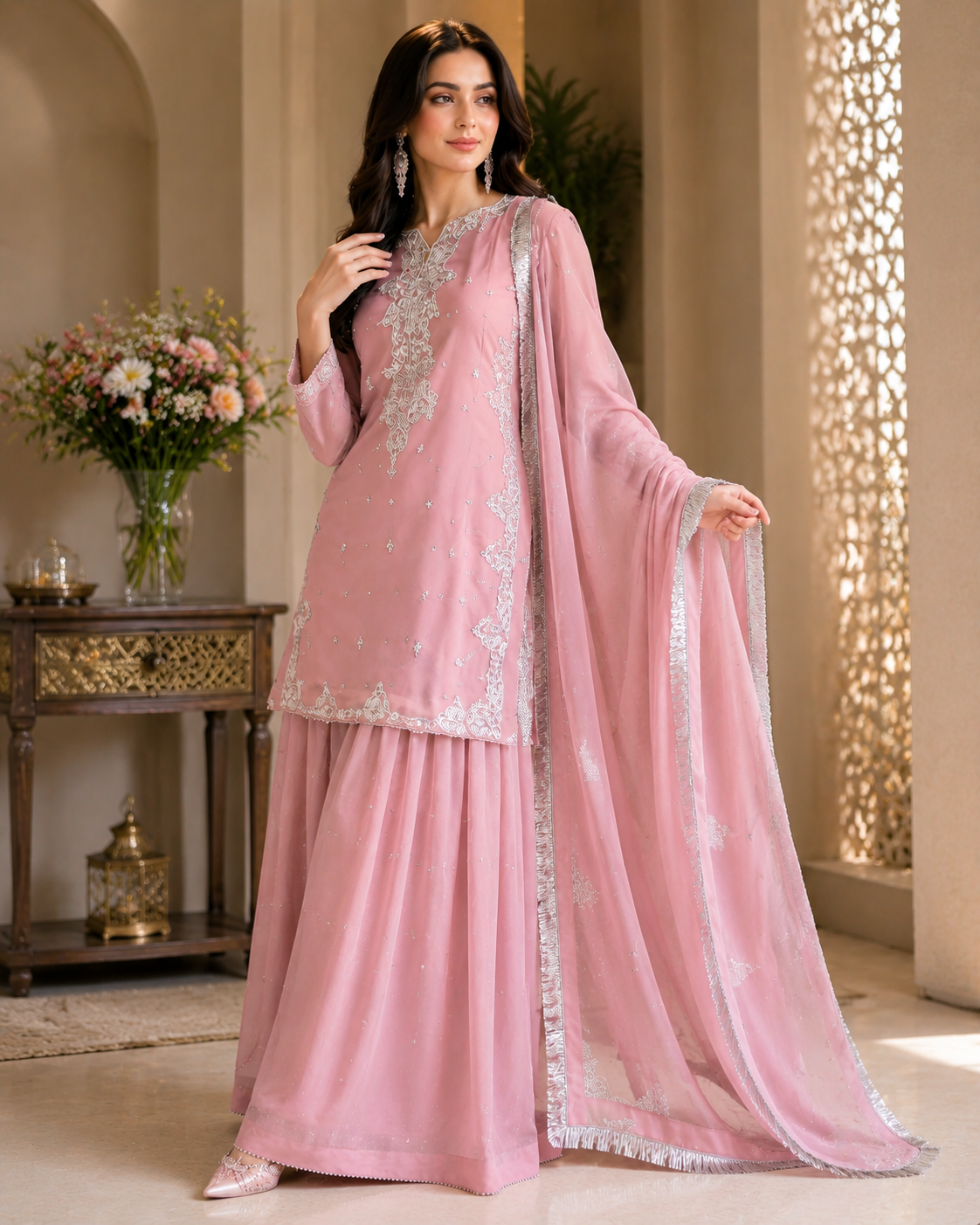 Women's Premium Hand Embroidered Kurta Sharara Set with Dupatta for Festive Wedding Wear