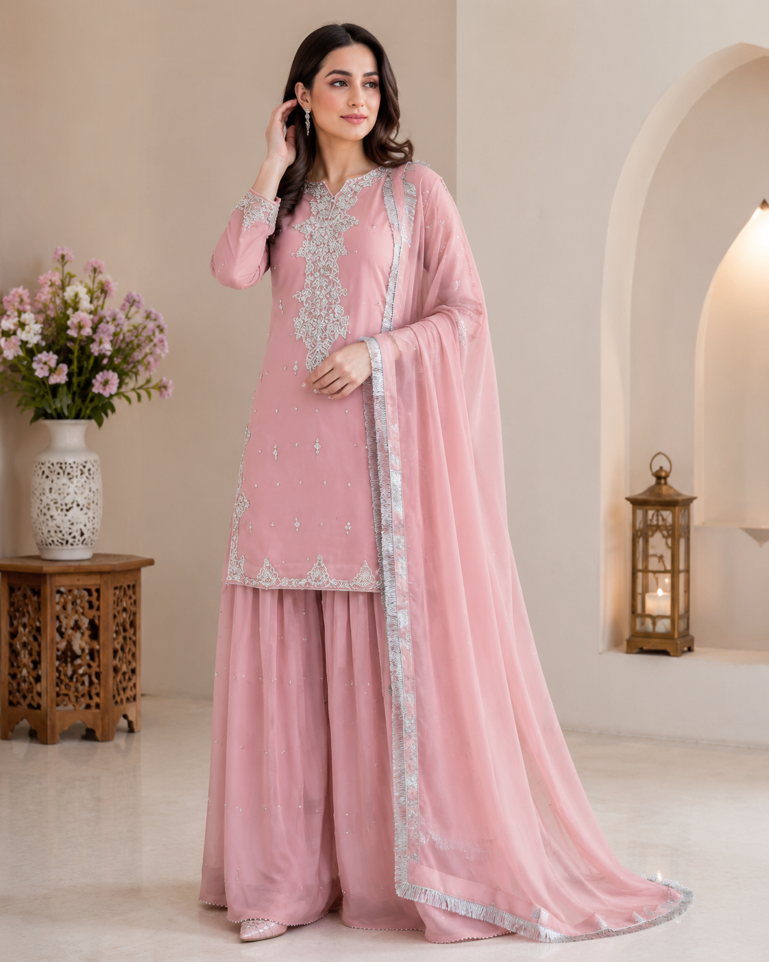 Women's Premium Hand Embroidered Kurta Sharara Set with Dupatta for Festive Wedding Wear