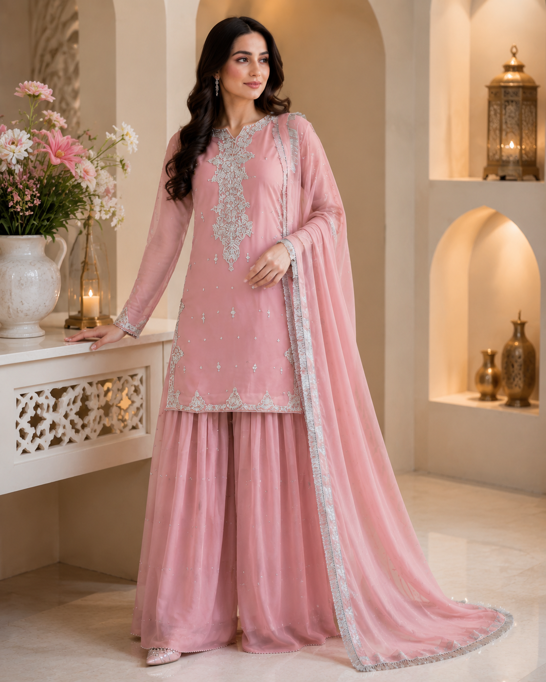 Women's Premium Hand Embroidered Kurta Sharara Set with Dupatta for Festive Wedding Wear