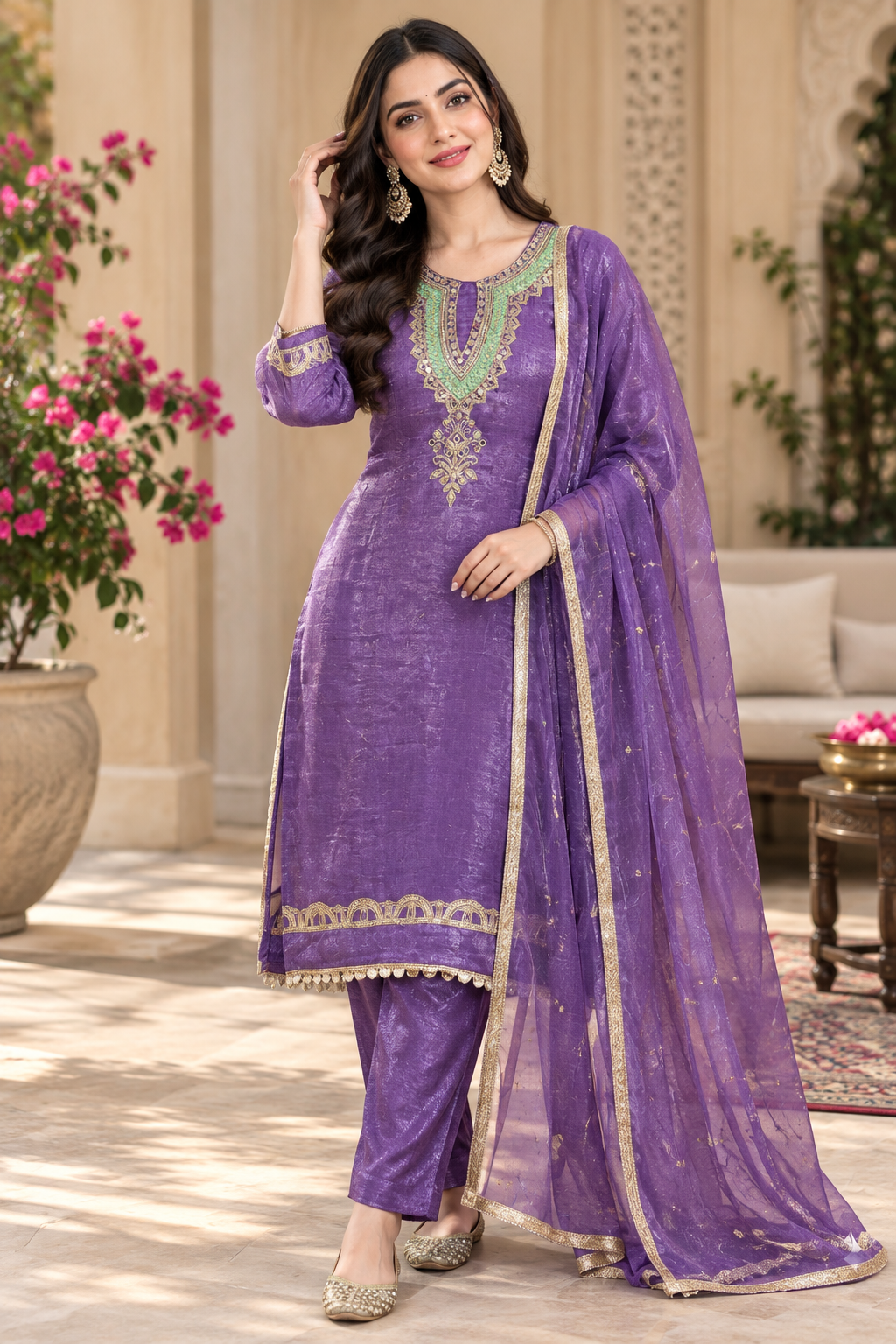 Women’s Hand Embroidered Designer Suit Set With Pants Dupatta