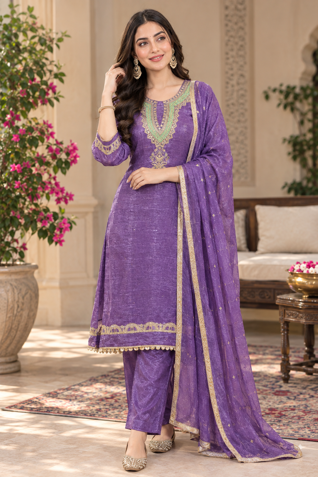Women’s Hand Embroidered Designer Suit Set With Pants Dupatta