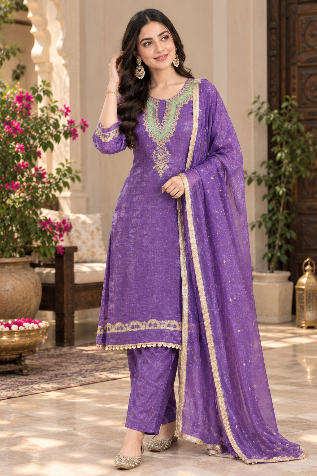 Women’s Hand Embroidered Designer Suit Set With Pants Dupatta