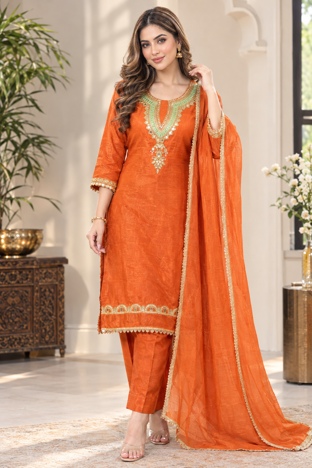 Women’s Hand Embroidered Designer Suit Set With Pants Dupatta