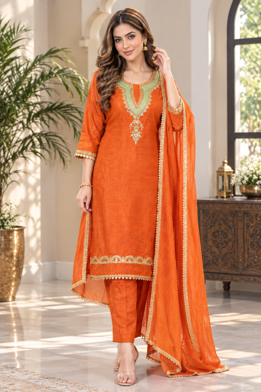 Women’s Hand Embroidered Designer Suit Set With Pants Dupatta
