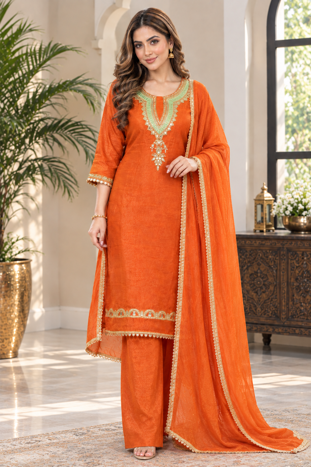 Women’s Hand Embroidered Designer Suit Set With Pants Dupatta