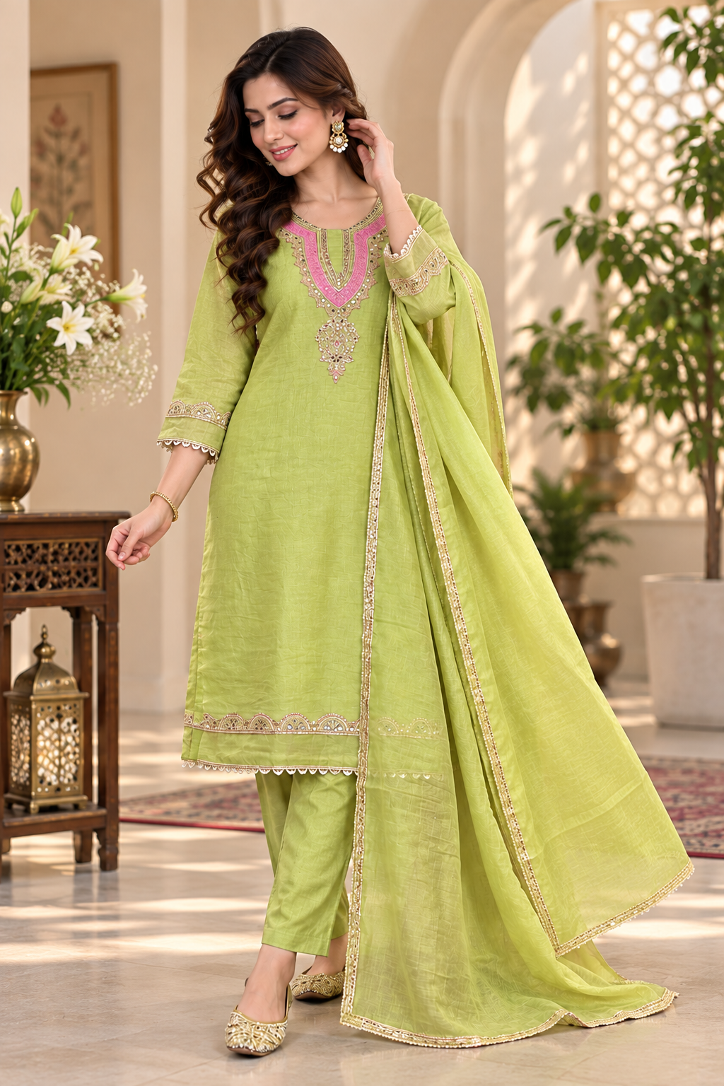Women’s Hand Embroidered Designer Suit Set With Pants Dupatta