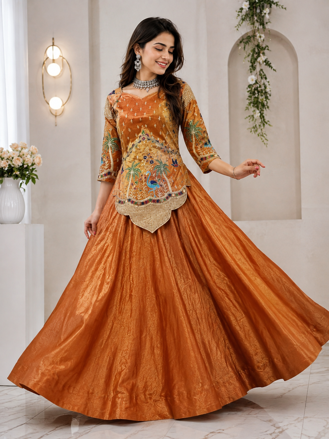 Women’s Gujarati Pattern Premium Embroidered Lehenga Choli Set