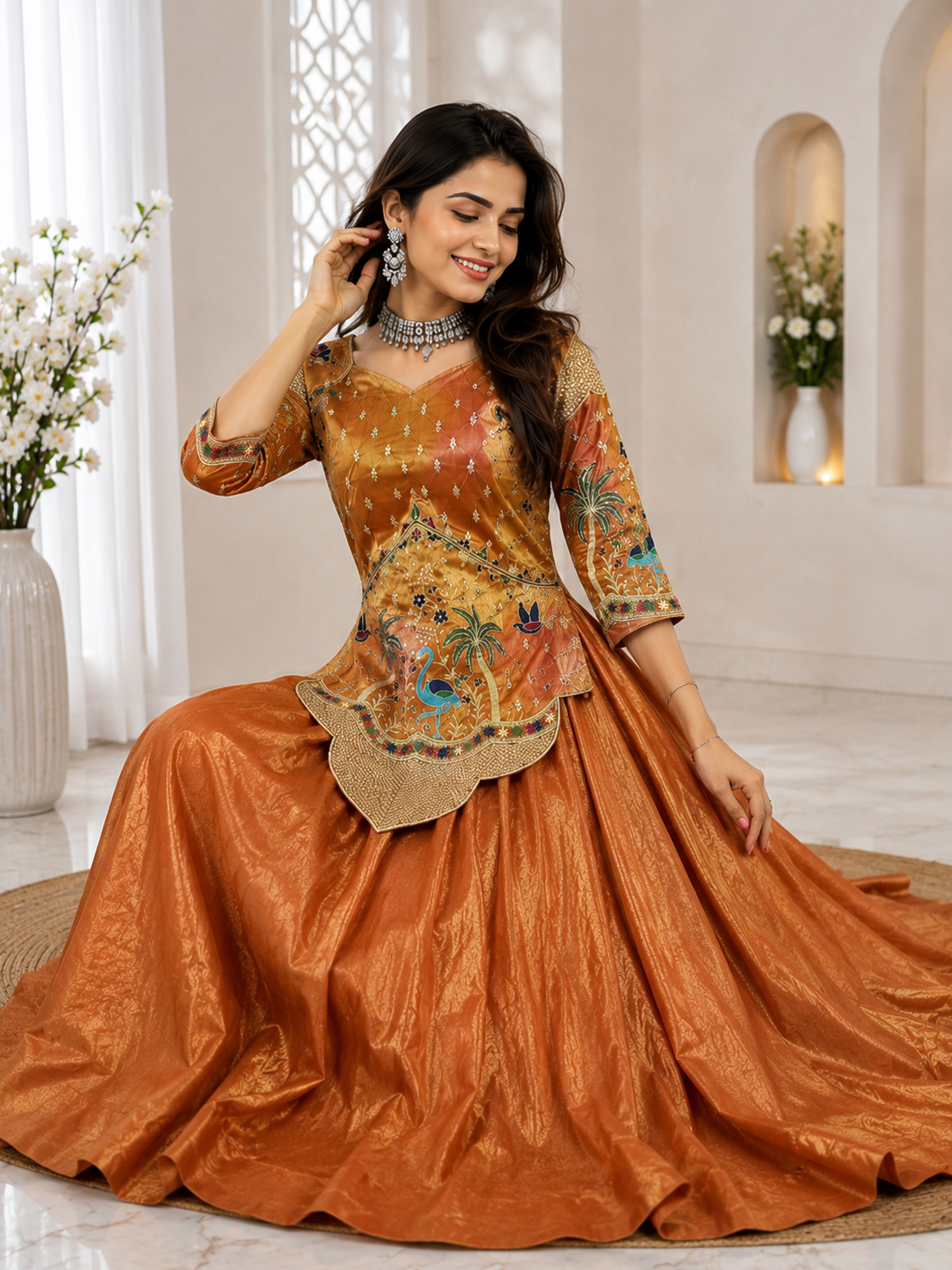 Women’s Gujarati Pattern Premium Embroidered Lehenga Choli Set